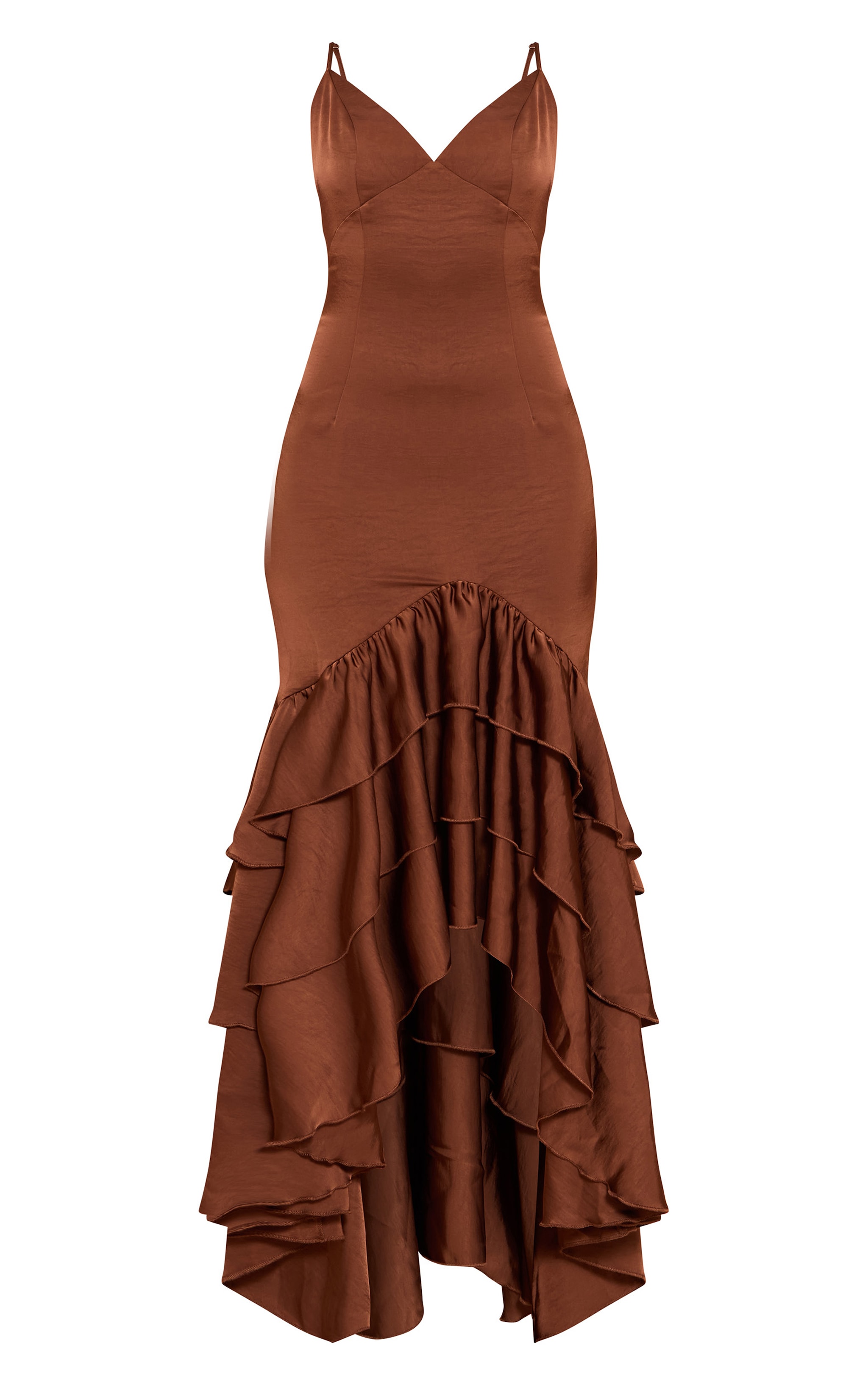 Chocolate Satin Plunge Extreme Frill Hem Maxi Dress image 5