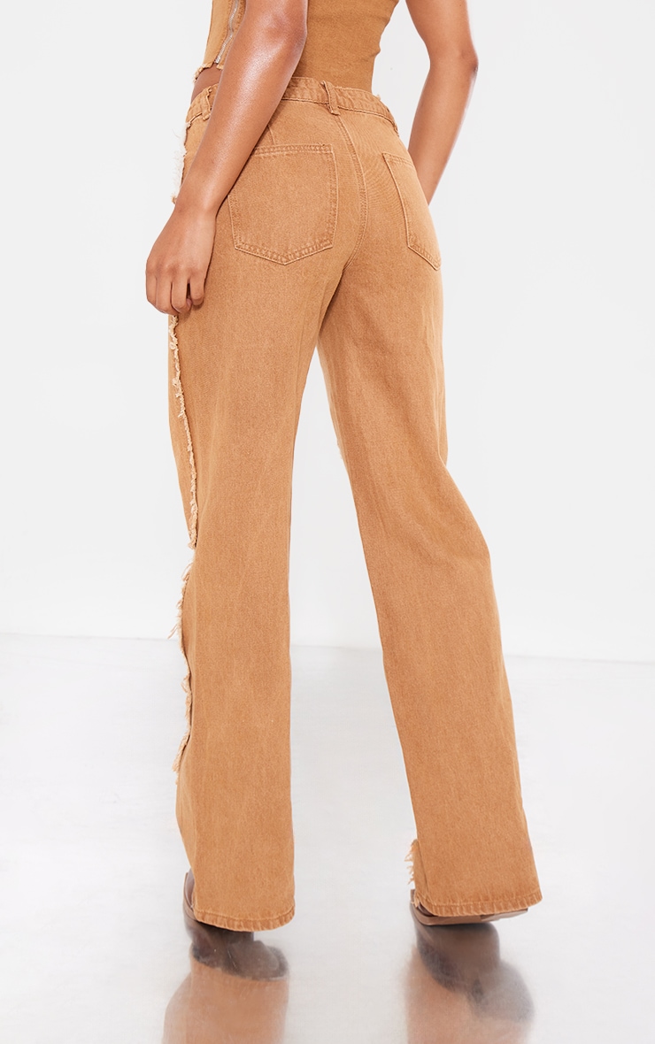 Washed Brown Raw Hem Detail Star Applique Wide Leg Jeans image 3