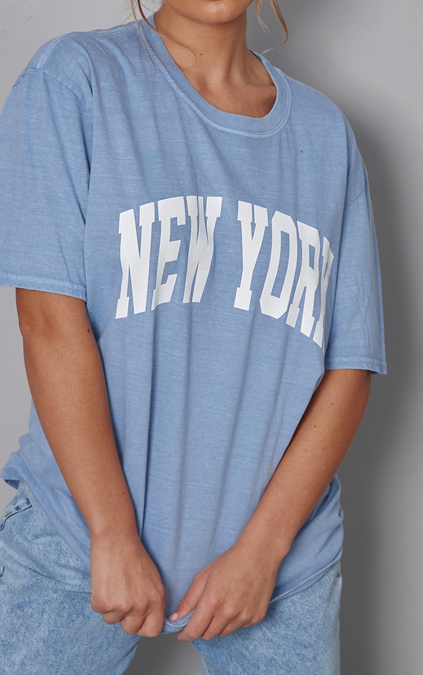 Washed Blue New York Print T Shirt Tops PrettyLittleThing