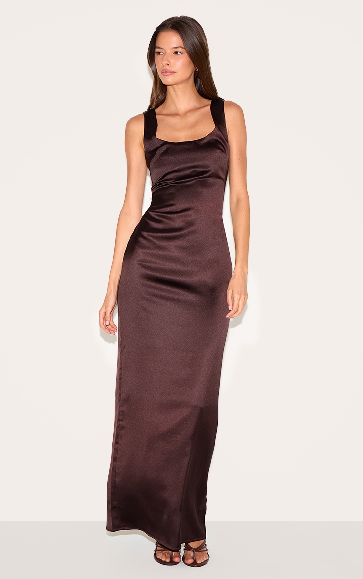 Chocolate Satin Scoop Neck Maxi Dress image 1