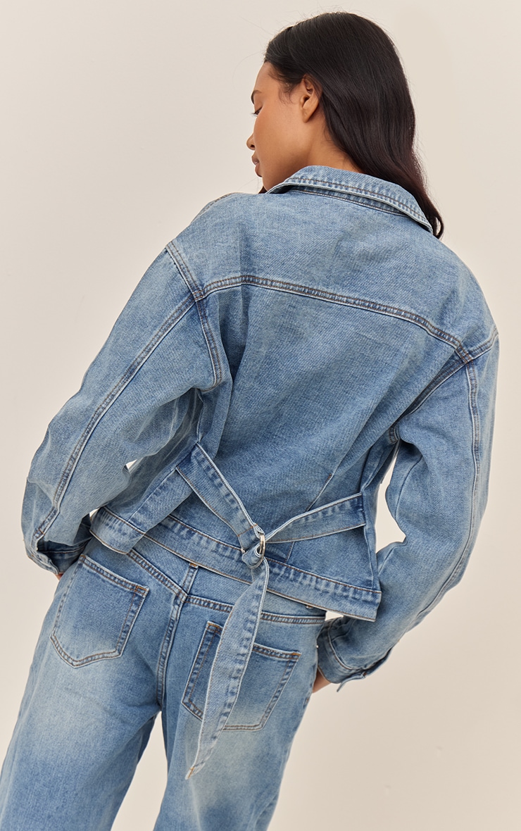 Mid Blue Wash Pleated Cinch Back Denim Jacket image 2