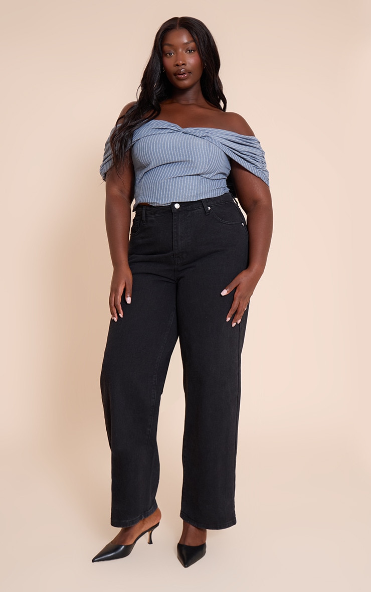 Plus Grey Striped Cotton Twist Detail Bardot Top image 3