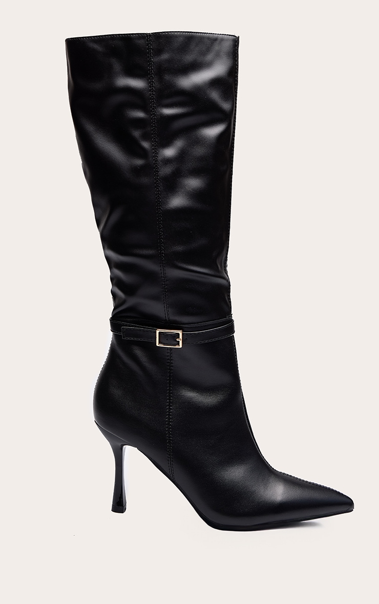Black Faux Leather Buckled Heeled Knee High Boot image 2