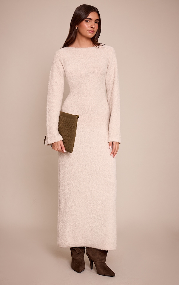 Cream Bobble Knit Knitted Maxi Dress 