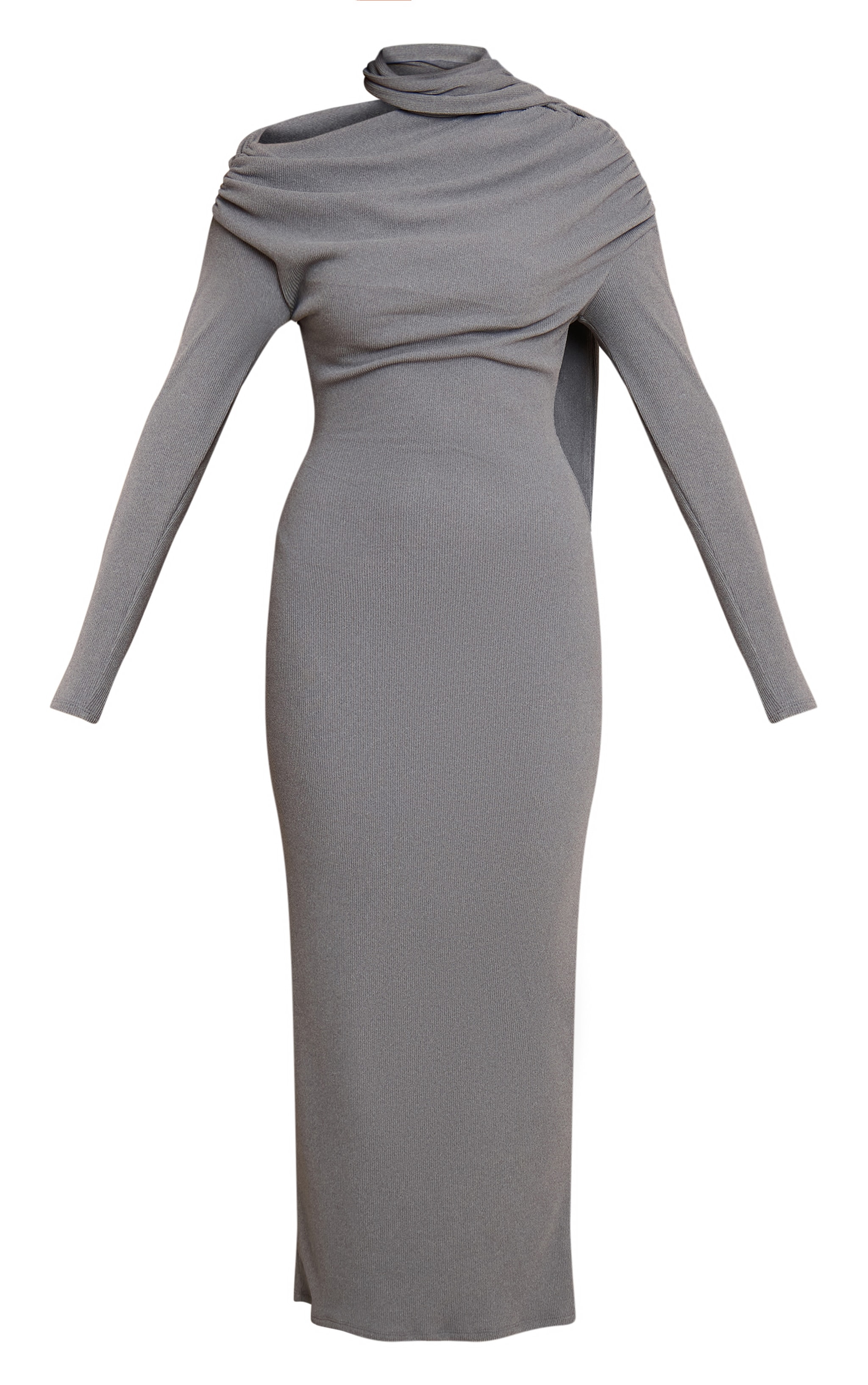 Grey Brushed Rib Scarf Detail Long Sleeve Asymmetric Ruched Maxi Dress image 5