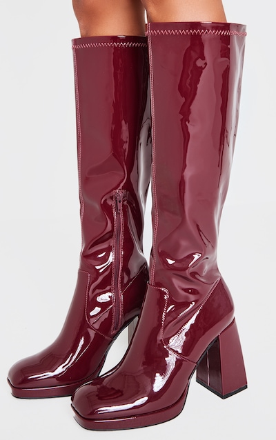 Burgundy Patent PU Square Toe High Block Heel Knee High Boots