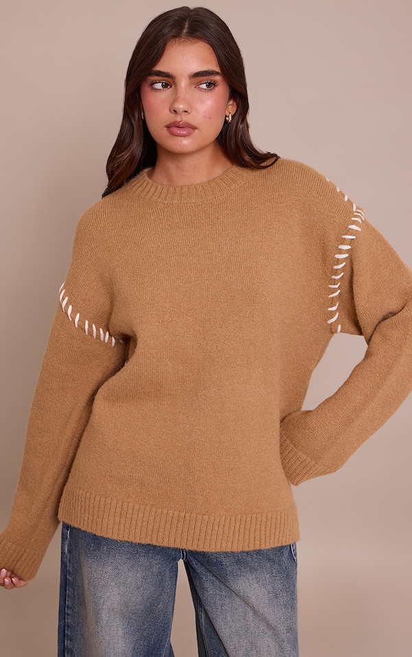 Camel Blanket Stitch Knit Sweater