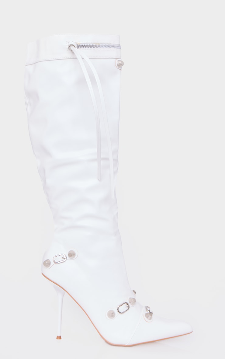White Pu Zip Detail Point Toe High Heeled Knee Boots image 3