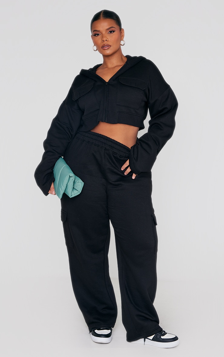 Plus Black Cargo Zip Up Crop Hoodie image 3