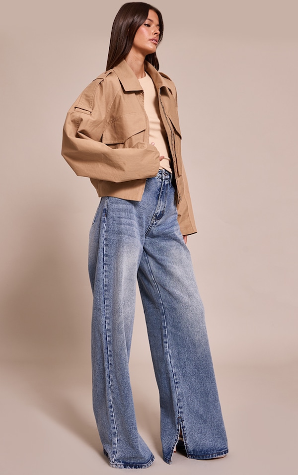 Mid Blue Wash High Waist Split Hem Boyfriend Jeans