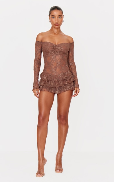 Combishort jupe-short style tutu en dentelle chocolat à col bardot
