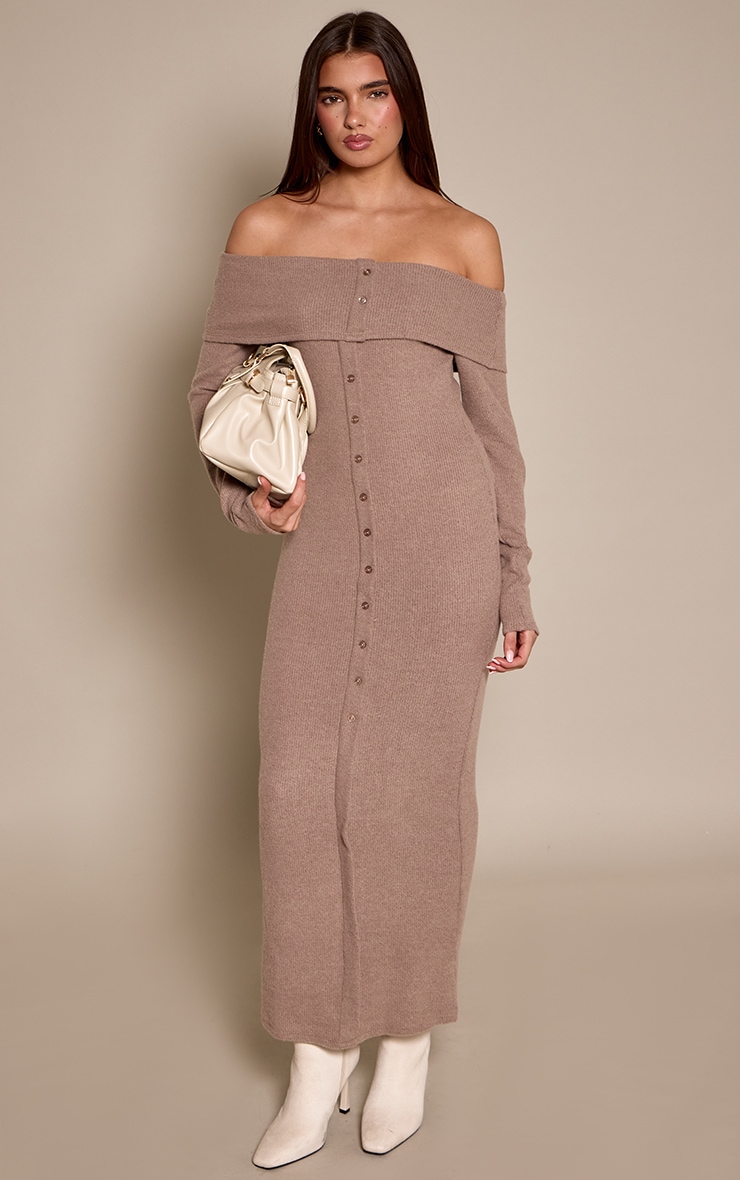 Taupe Ribbed Bardot Button Down Maxi Dress image 1