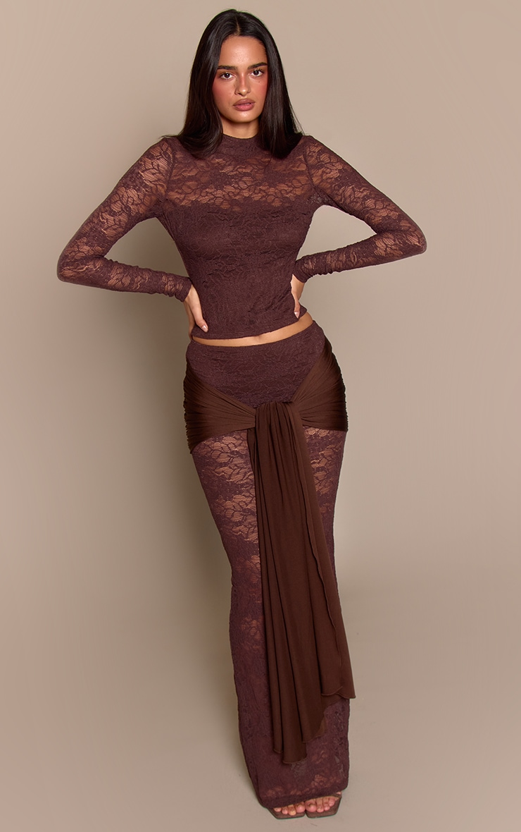 Dark Brown Lace Long Sleeve Top image 3
