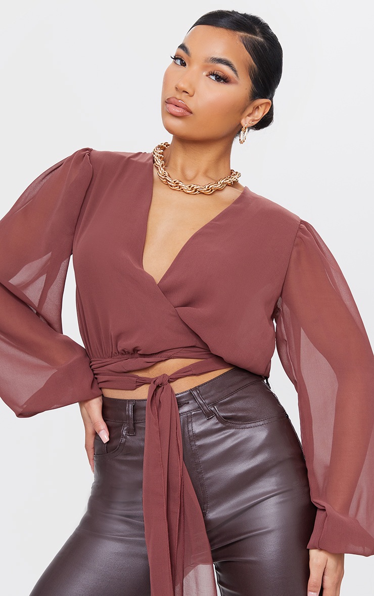 Chocolate Chiffon Extreme Waist Tie Cropped Blouse