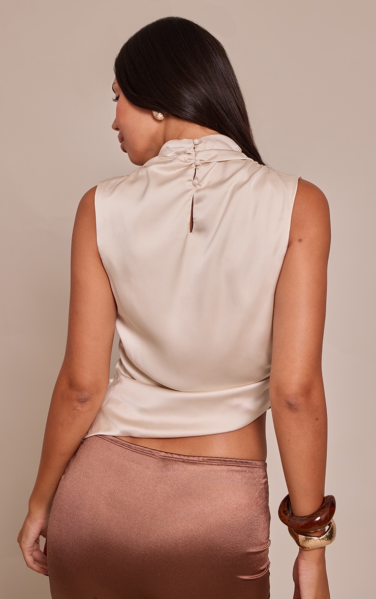 Cream Satin Ruched Side Shoulder Detail Long Top image 2