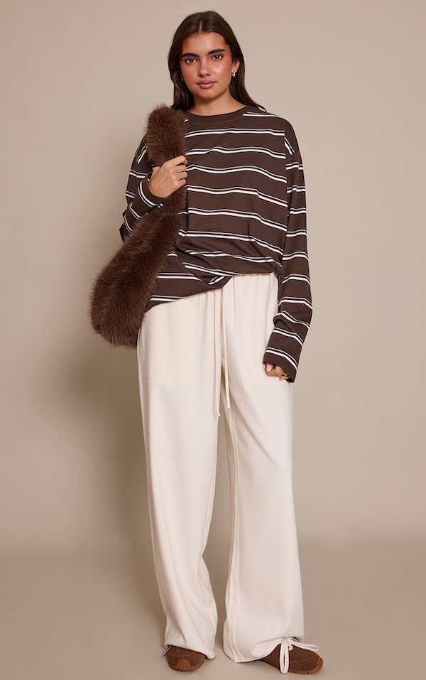 Cream Brushed Tailored Drawstring Low Rise Pants