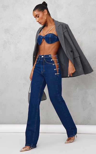 Dark Blue Wash Diamanté Lace Up Side Detail Jeans