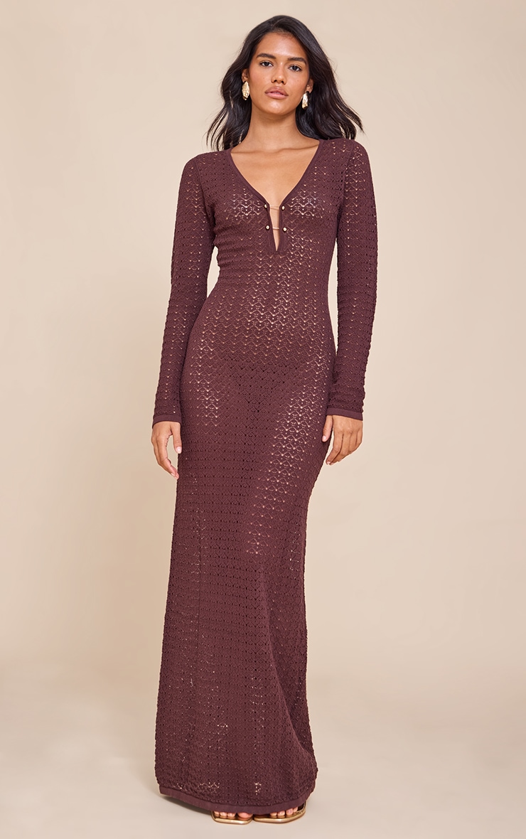Chocolate Maxi Crochet Trim Long Sleeve Dress image 3