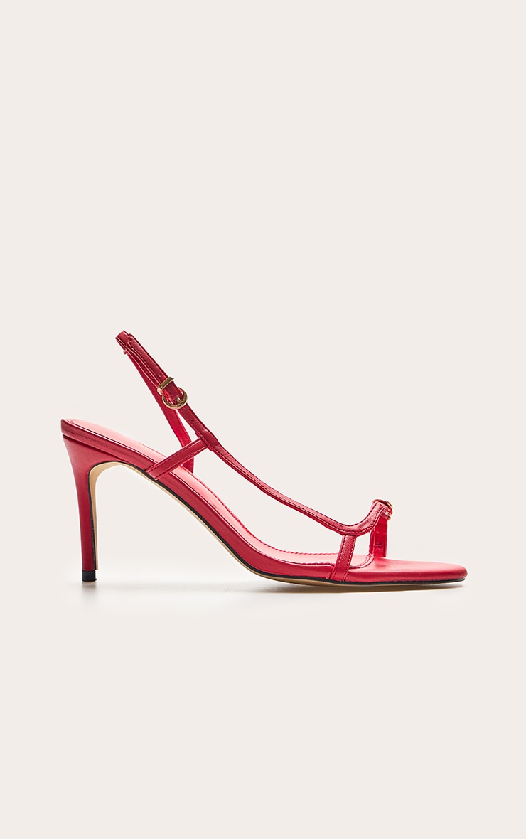 Red Pu Round Toe Asymmetric Buckle Strap Mid Heeled Sandals image 2