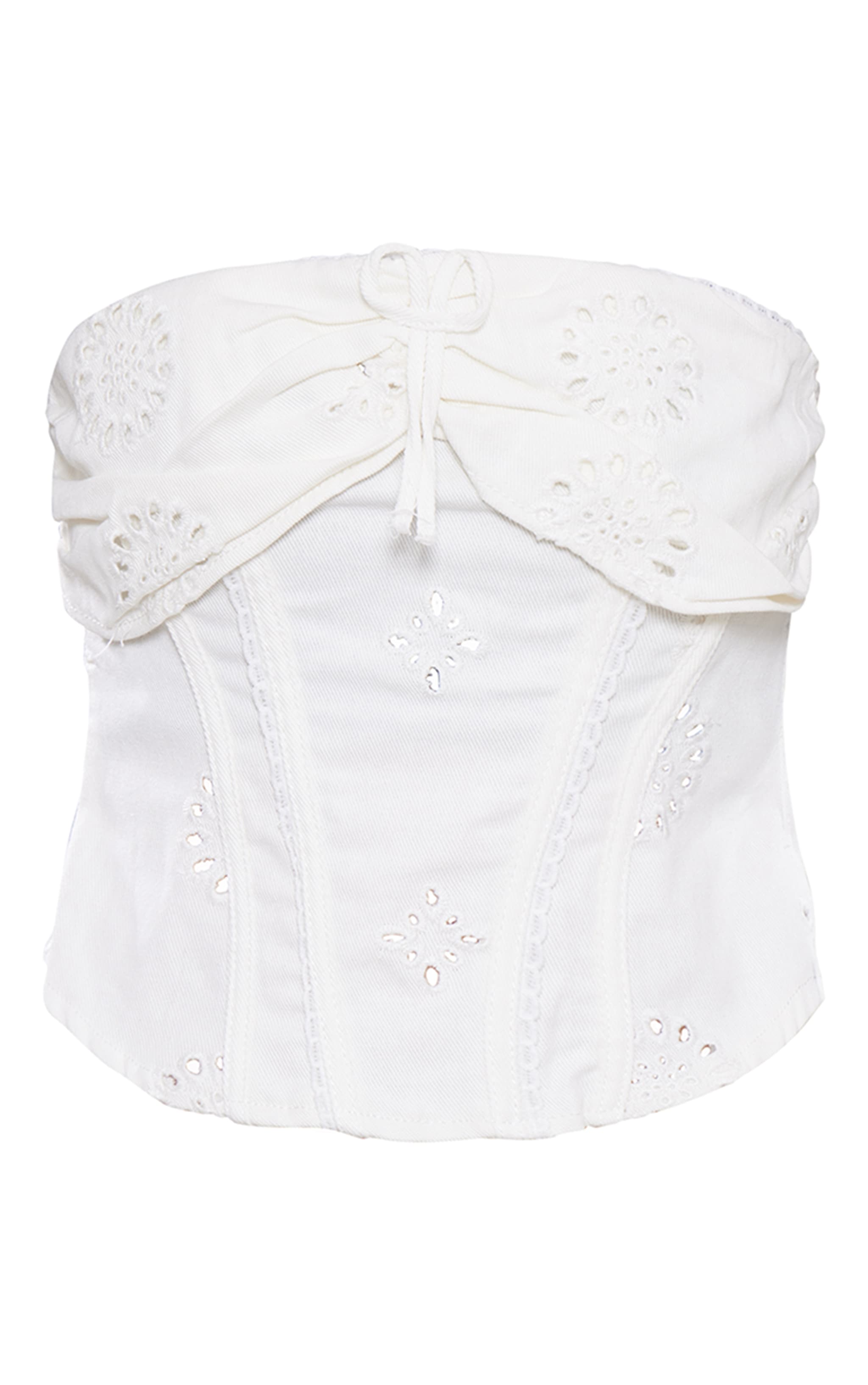 White Broderie Denim Corset Crop Top image 1