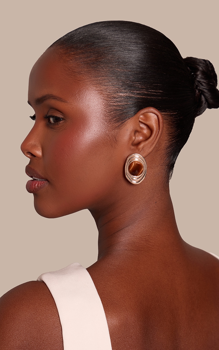 Gold Brushed Tiger Eye Oval Stud Earrings