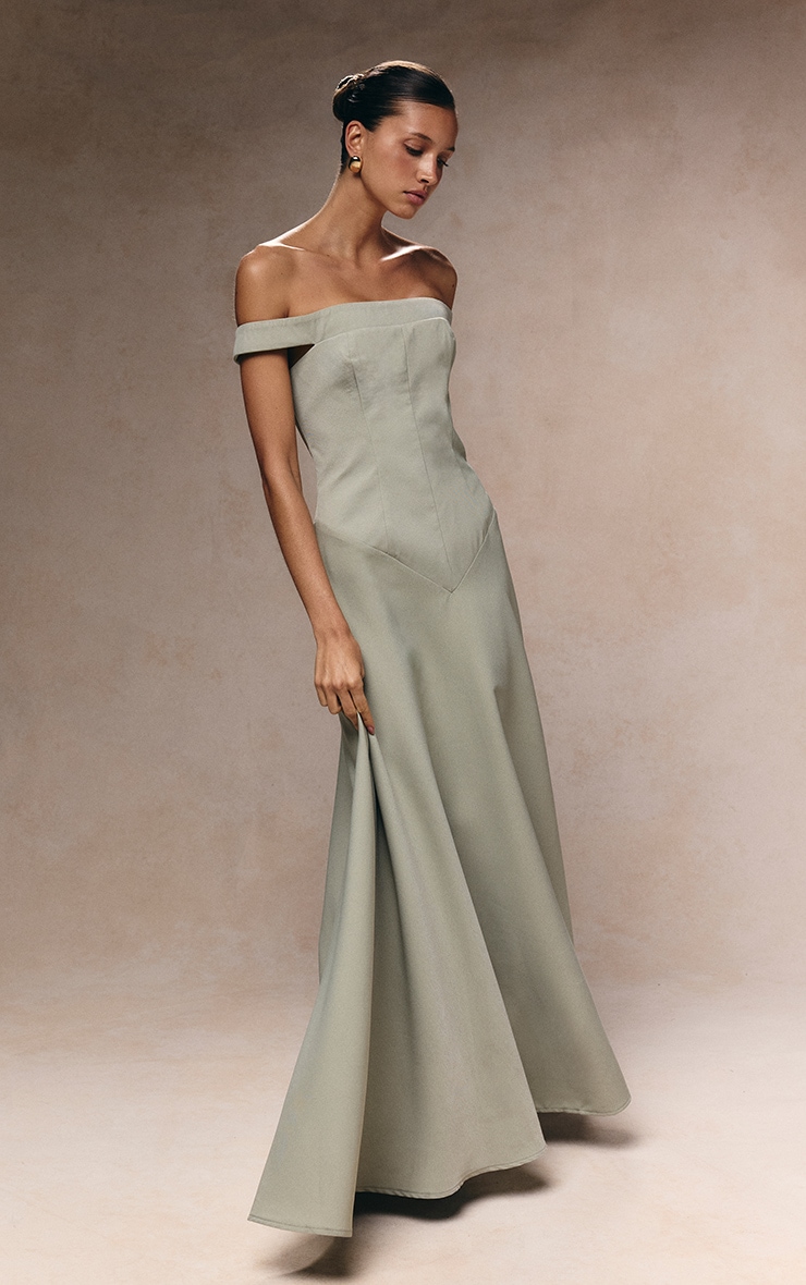 Sage Green Structured Bardot V Waist Maxi Dress image 1