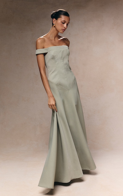 Sage Green Structured Bardot V Waist Maxi Dress