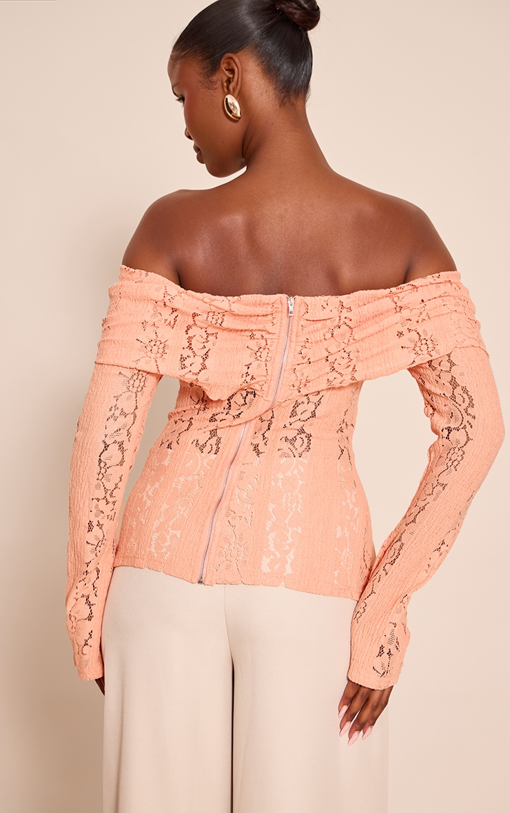 Peach Fitted Lace Flared Sleeve Bardot Top image 2