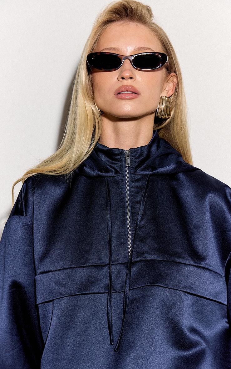 Navy Satin Zip Up Hooded Pullover Jacket image 4