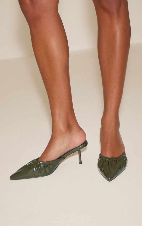 Olive Crinkle PU Ruched Low Heel Court Mule