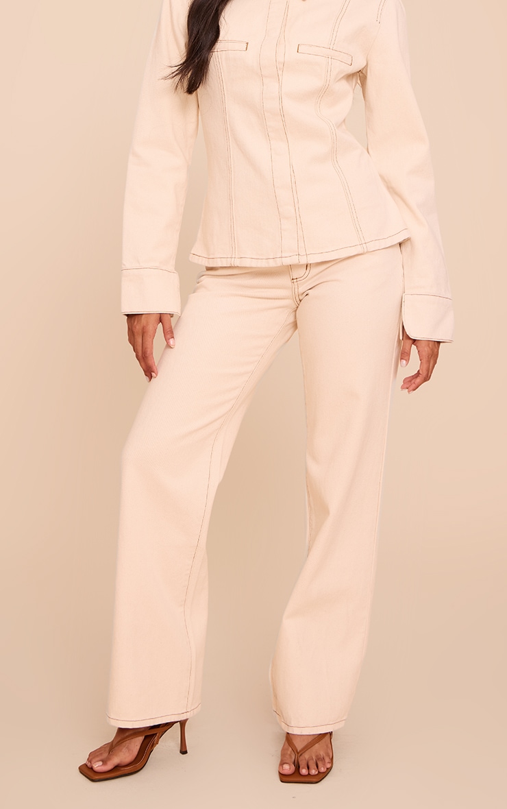 Ecru Linen Look Denim Mid Waist Straight Leg Jeans image 2