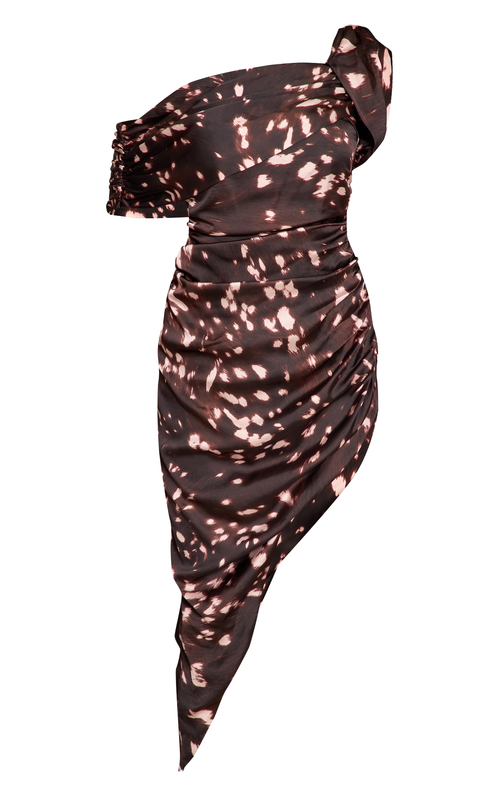 Robe marron imprimé abstrait à col bardot et ourlet asymétrique image 5