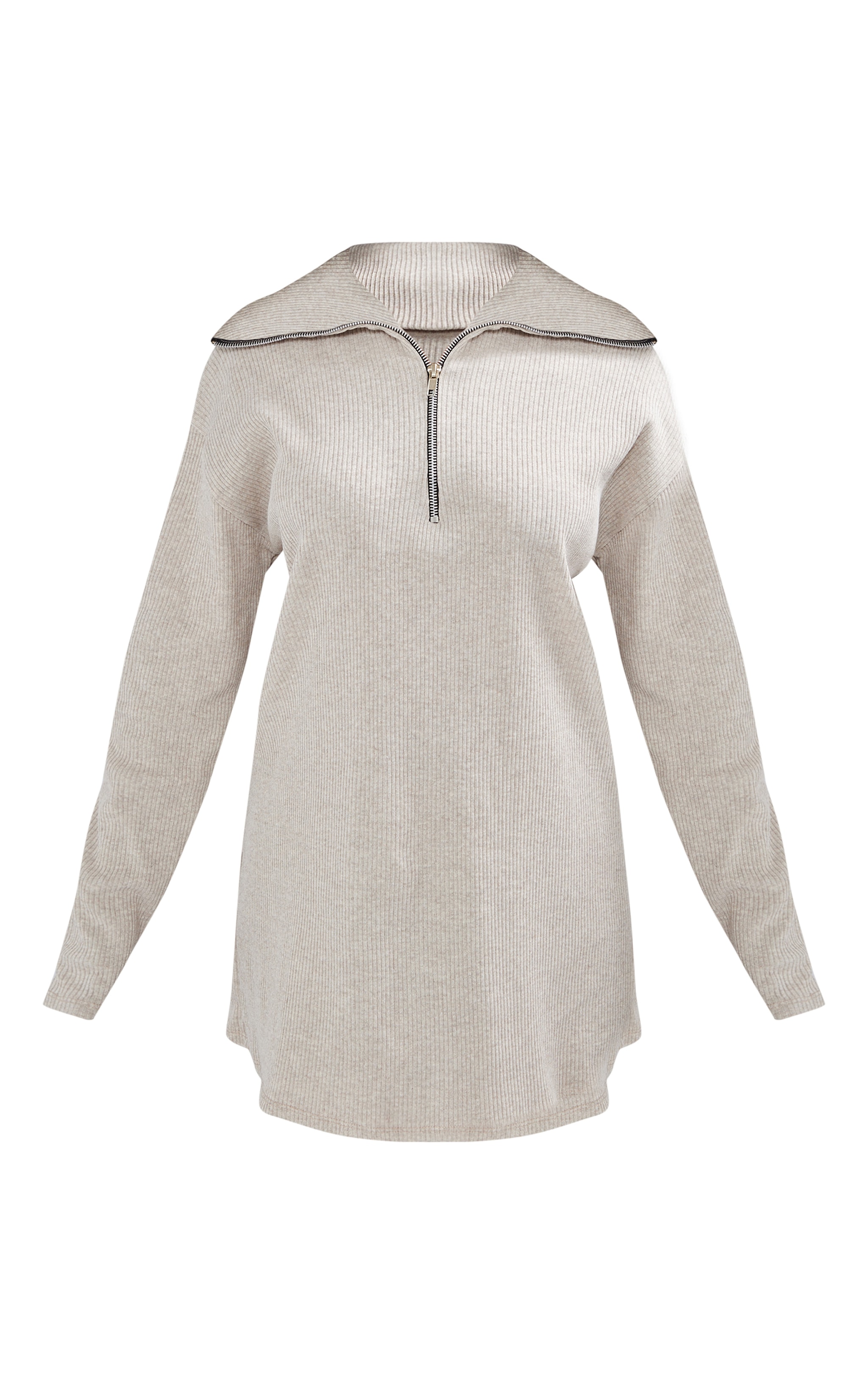 Petite Oatmeal Rib High Neck Half Zip Oversized Jumper Dress image 5