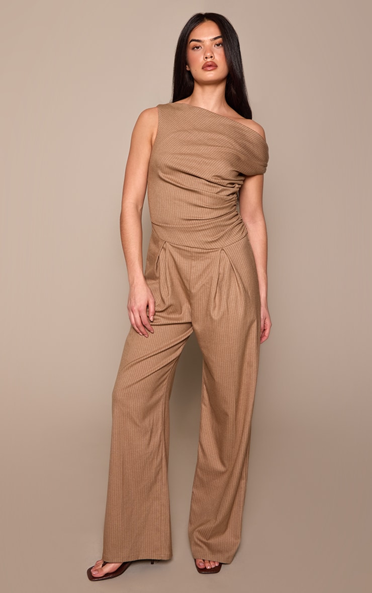 Beige Woven Pinstripe Asymmetric Wide Leg Jumpsuit