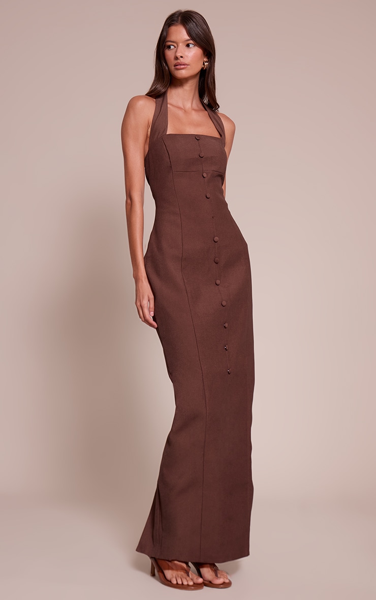 Chocolate Woven Halter Button Maxi Dress image 3