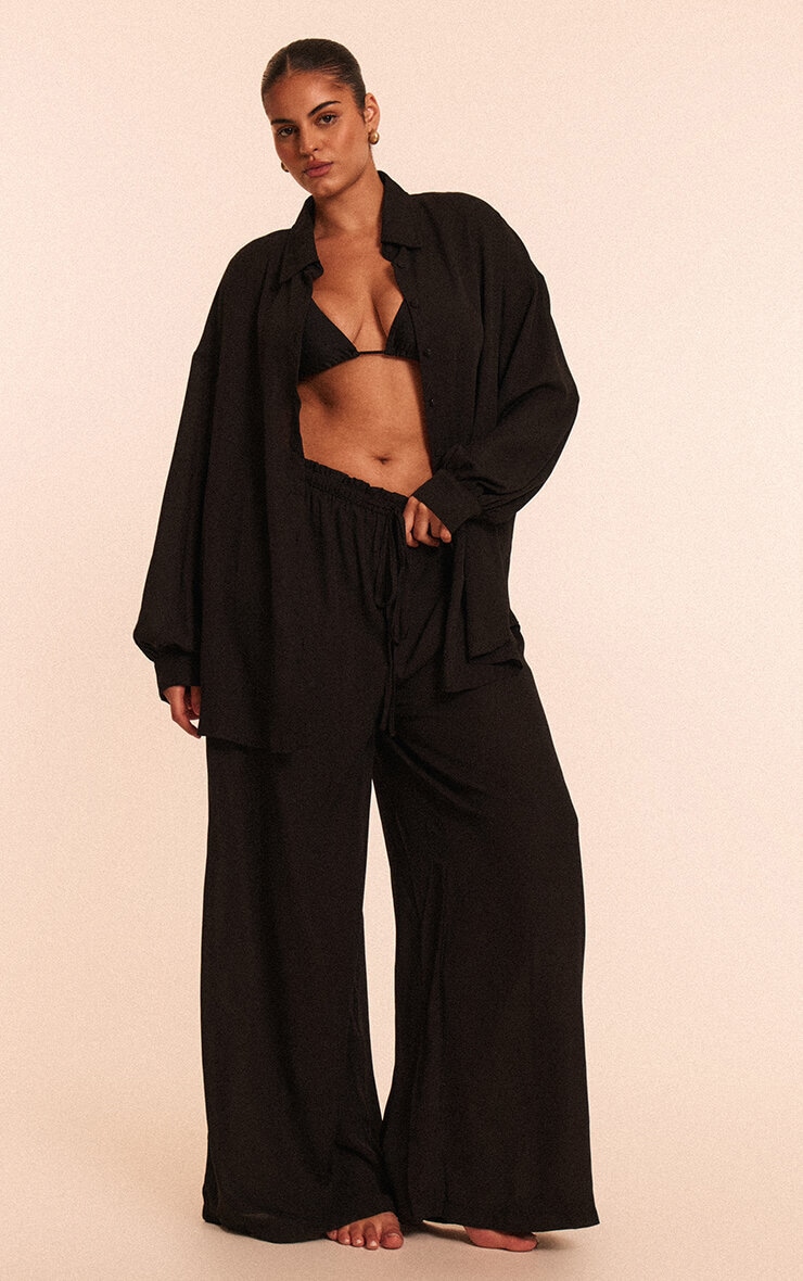 Plus Black Oversized Long Sleeve Beach Shirt | Plus Size | PLT
