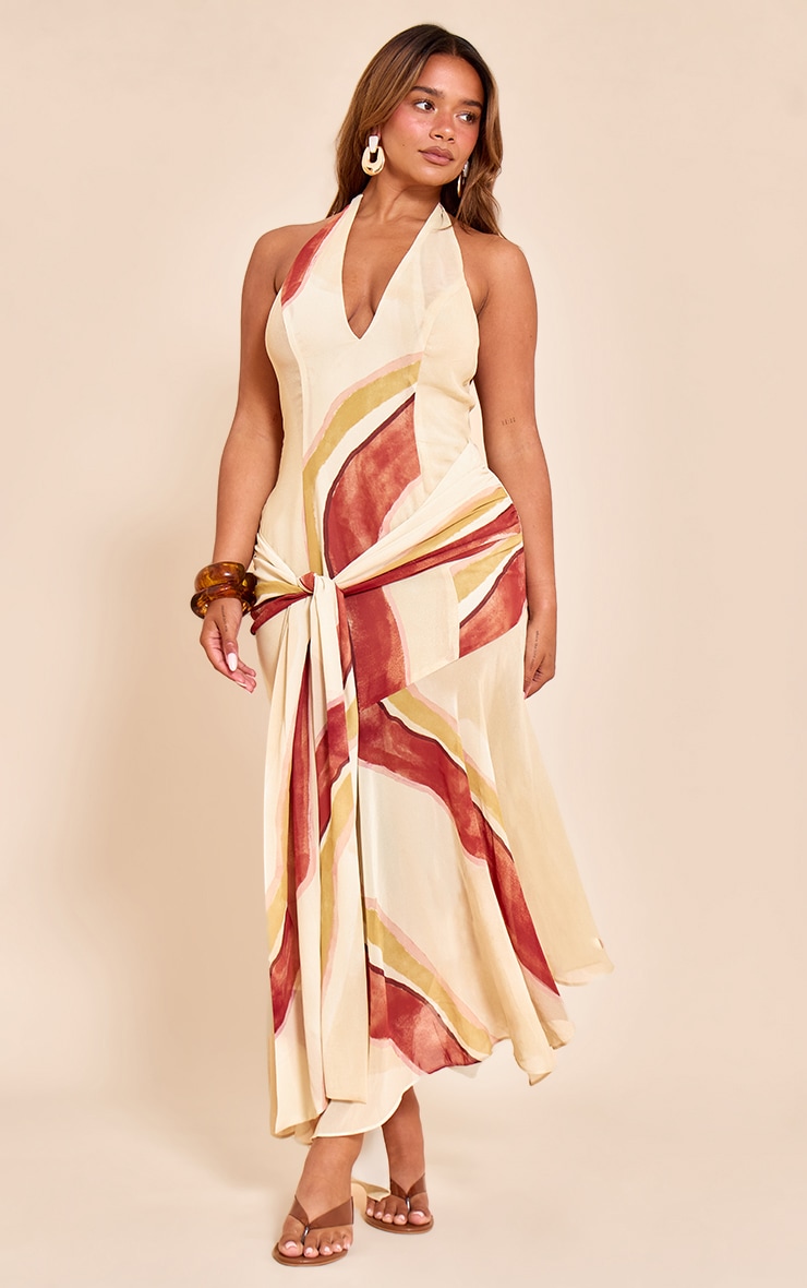 Shape Cream Marble Print Halterneck Wrap Waist Maxi Dress image 1