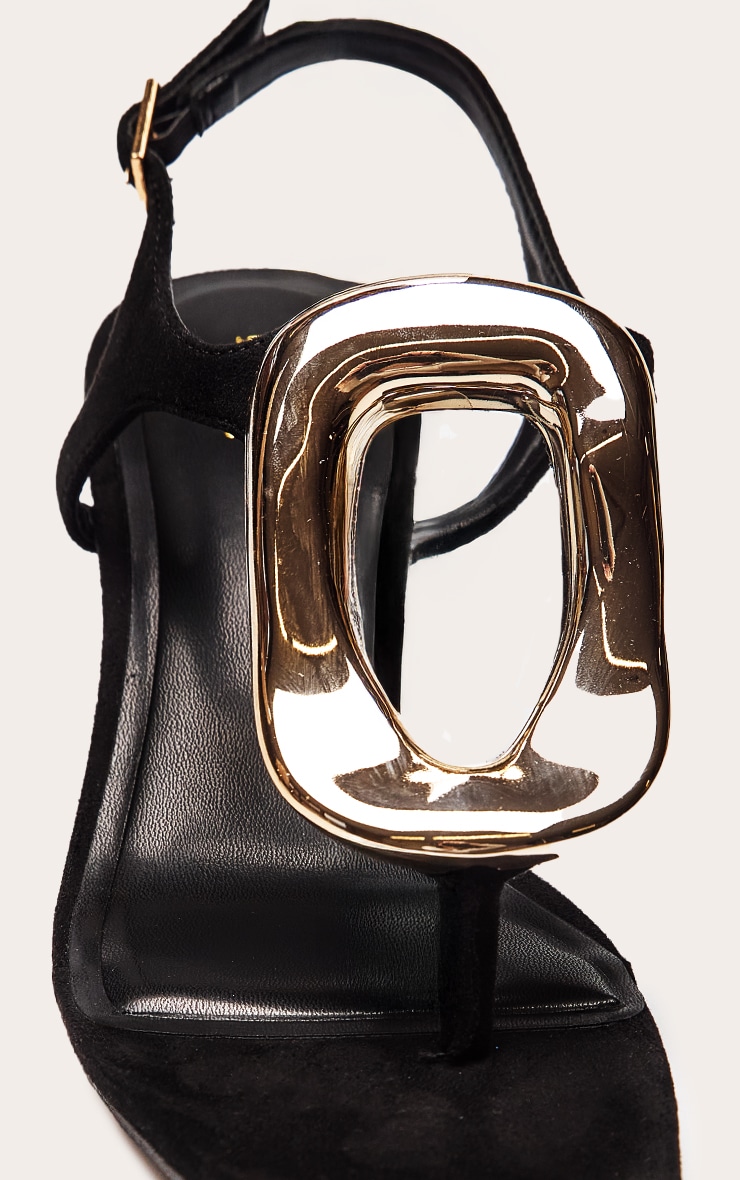 Black Faux Suede Gold Hardware Toe Thong Heeled Sandal image 5