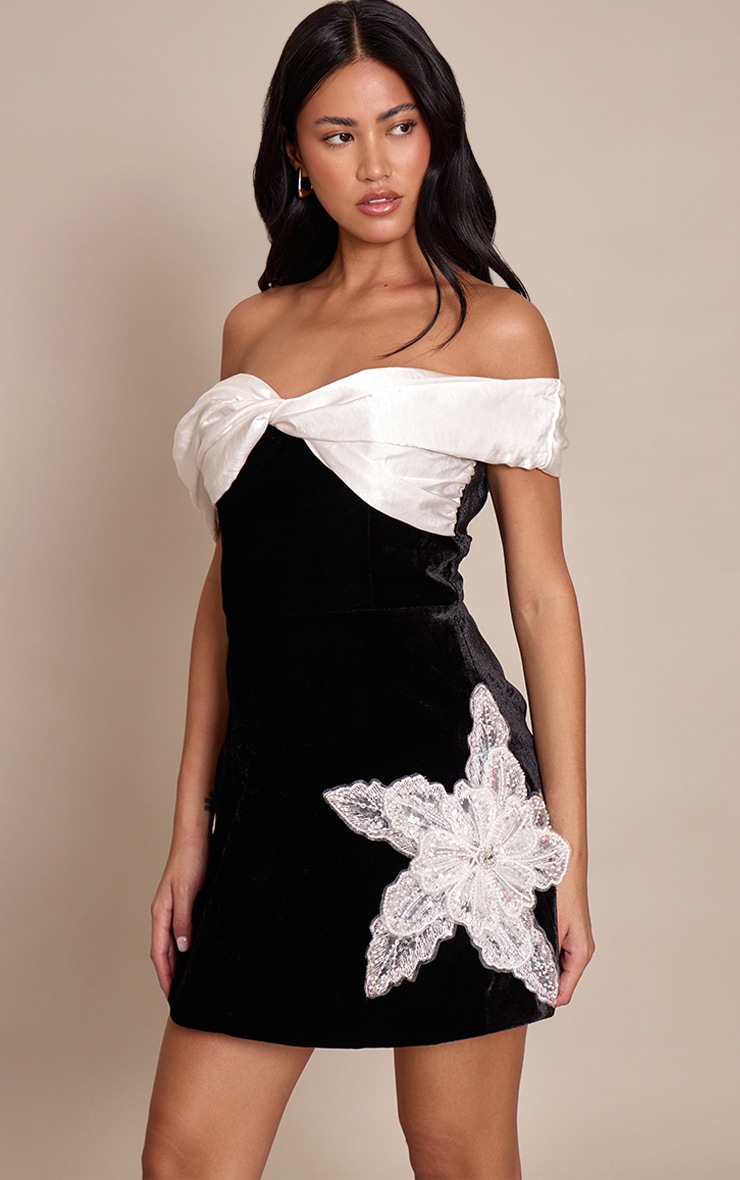 Black Velvet Floral Applique Embellished A-Line Shift Dress image 1