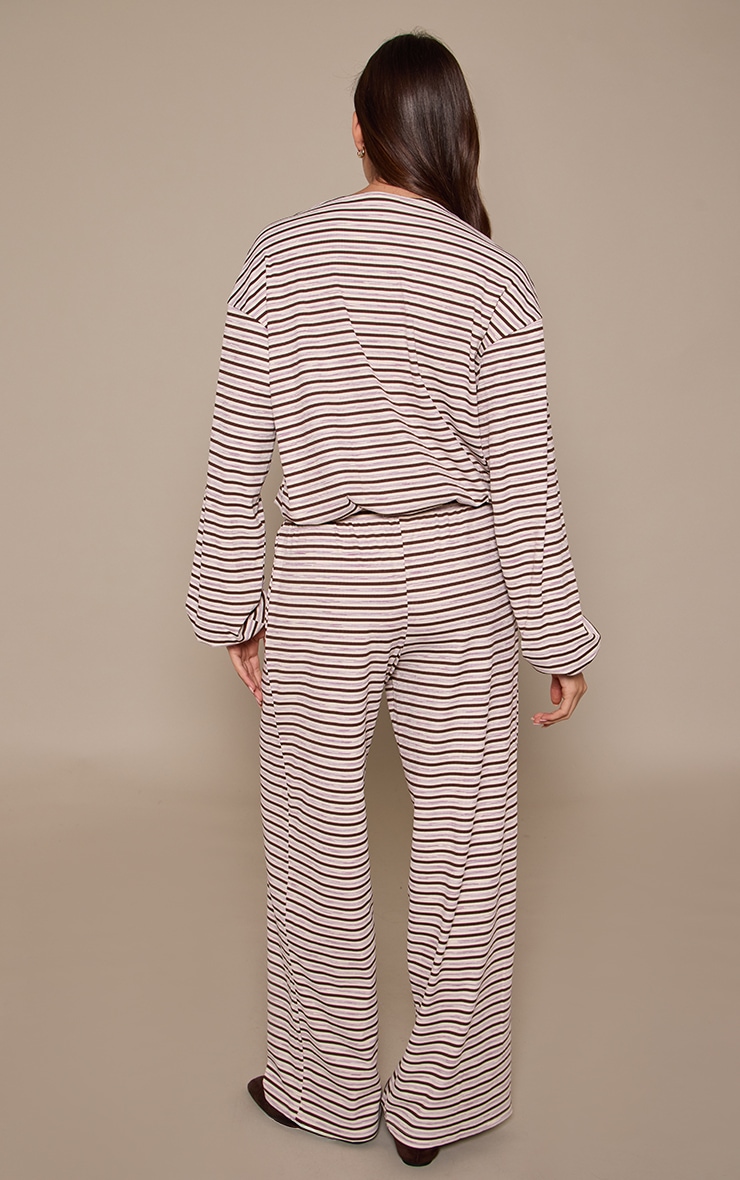 Dark Brown Stripe Soft Rib Relaxed Elasticated Trousers image 3
