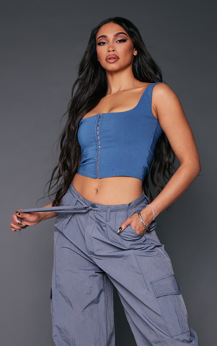 Steel Blue Stretch Woven Hook & Eye Square Neck Crop Corset