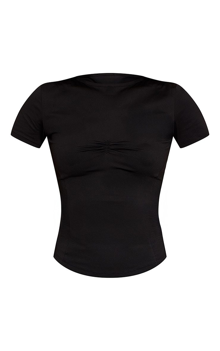 Tall Black Sculpt Rib Panel Ruched Front Gym Top image 5