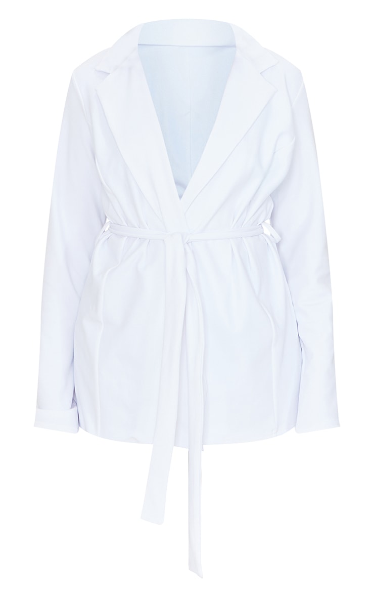 White Scuba Crepe Shoulder Padded Wrap Belted Blazer image 5