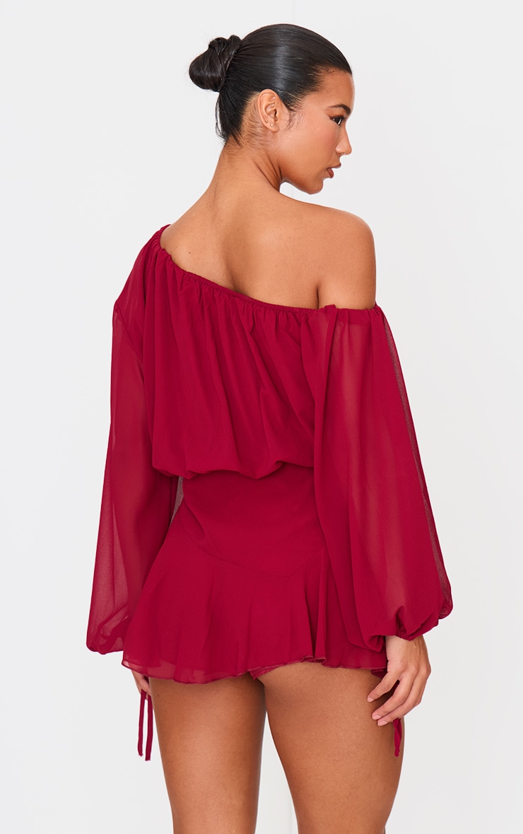 Burgundy Chiffon One Shoulder Floaty Detail Skort Playsuit image 2