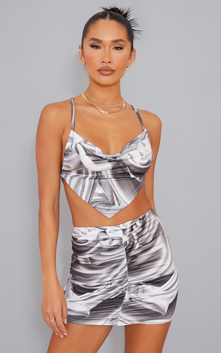 Silver Abstract Print Slinky Ruched Front Mini Skirt image 4