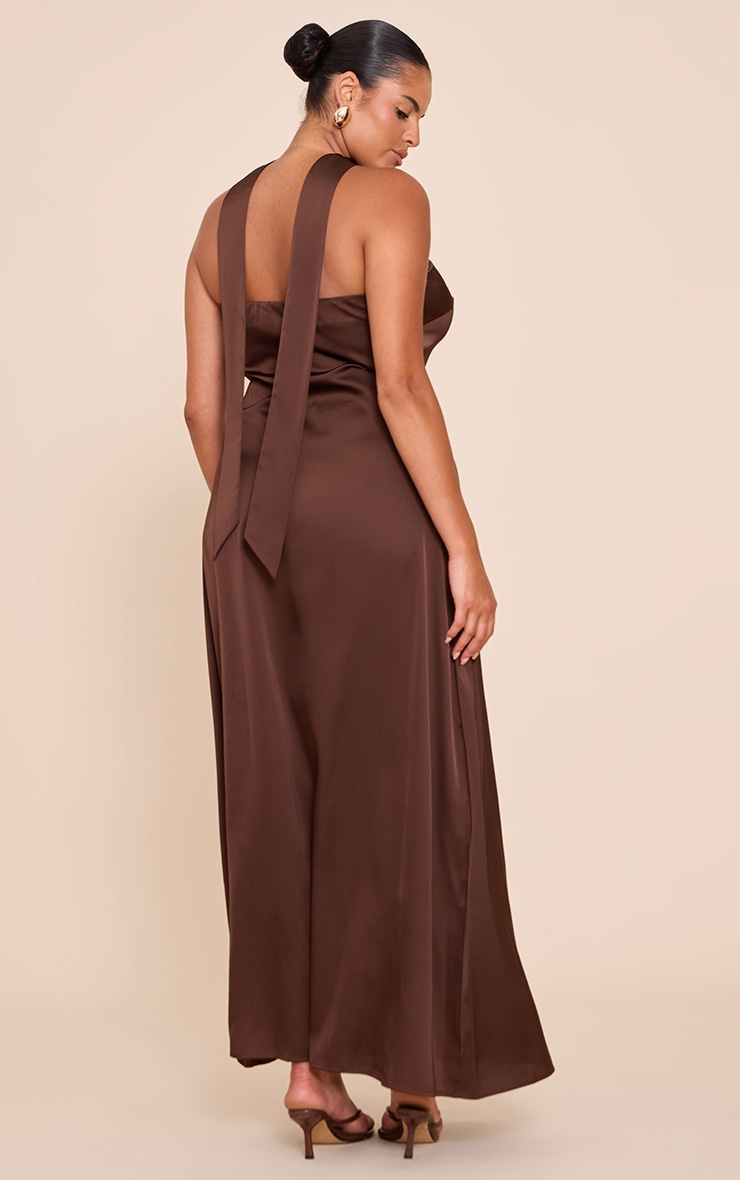  Plus Chocolate Brown Satin Bandeau Scarf Detail Maxi Dress image 2