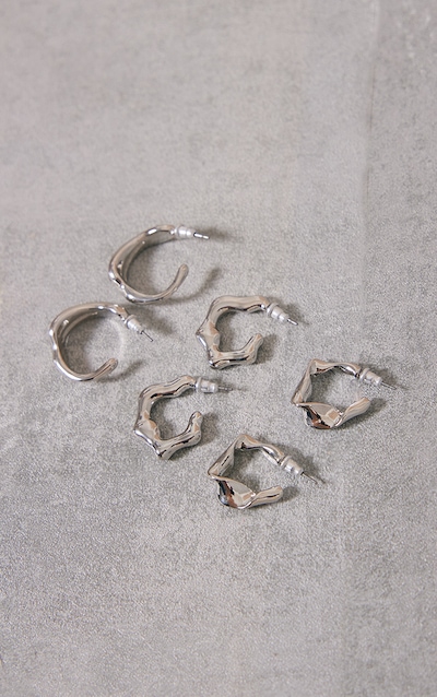 Silver Crinkle Abstract Hoop Earrings Multipack