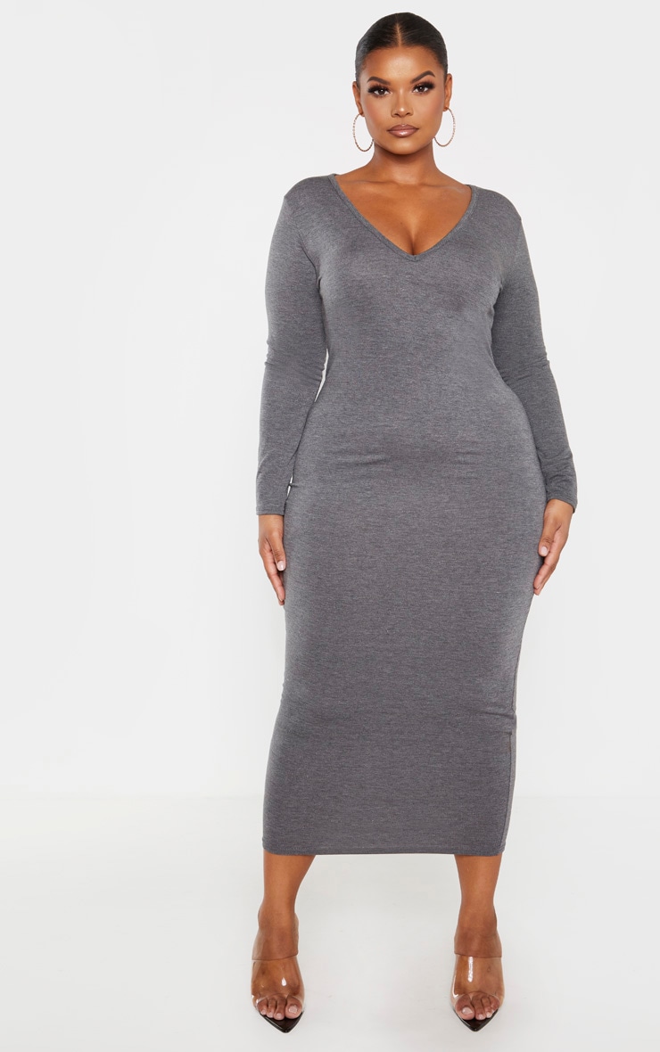 Plus Charcoal Jersey V Neck Long Sleeve Midi Dress