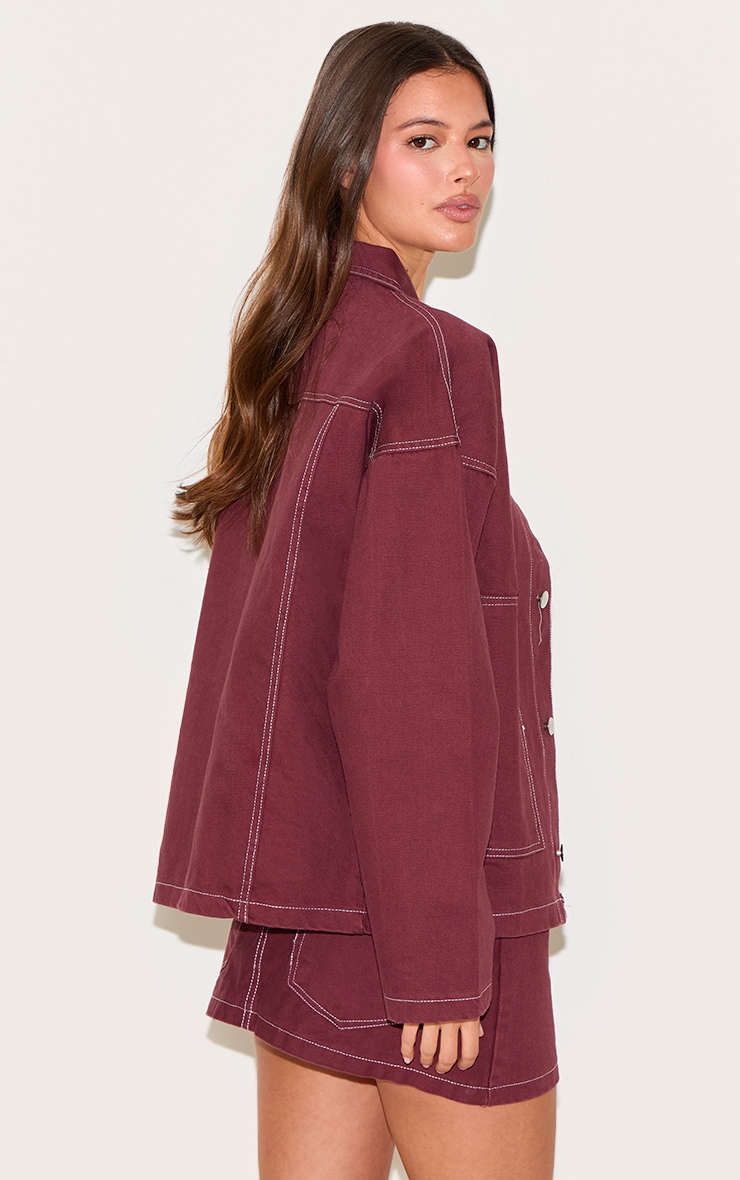 Burgundy Contrast Stitch Pocket Patch Detail Denim Shirt image 2