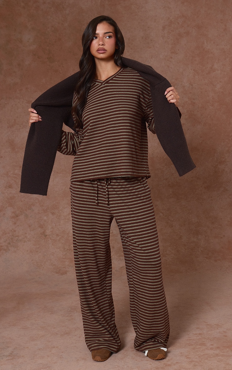 Chocolate Striped Soft Fleece V Neck Sweatshirt image 3